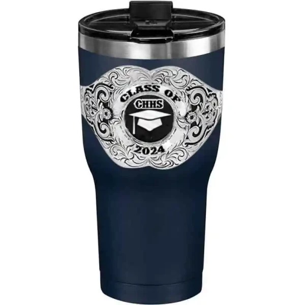 A customized tumbler made of stainless steel with a personalized engraved Class of 2024 lettering with graduate cap figure, 30 oz, ideal for coffee or cool drinks
